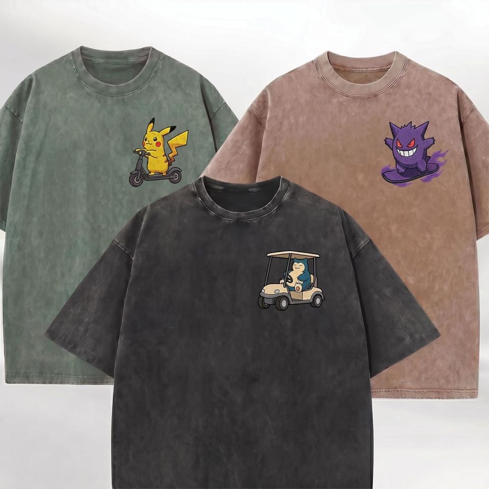 Custom Anime Embroidered Washed T-Shirt, Vintage Monster Character Tee, Cute Gaming Shirt, Personalized Cartoon Gift for Kids and Adults