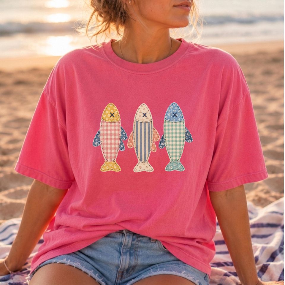 Patchwork Fish Summer Shirt, Beach Summer Tee, Comfort Colors T Shirt, Coastal Ocean Graphic Tee, Nautical Vacation Shirt