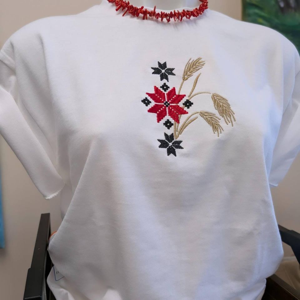 Ukrainian Vyshyvanka t-shirt with traditional embroidered design combined whead.