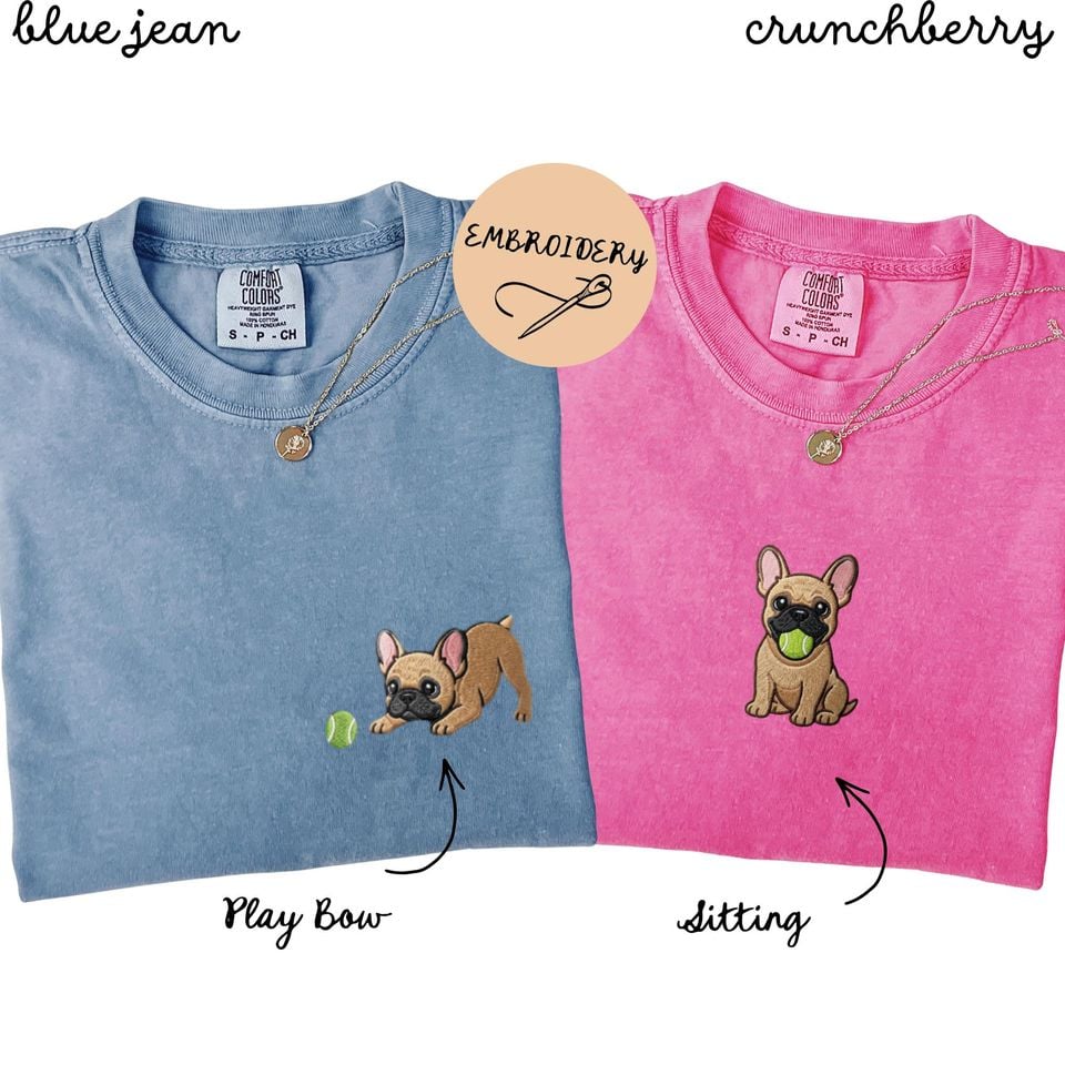 Embroidered Dog Tee, French Bulldog Puppy Tennis Ball Shirt, Gifts for Dog Owners, Lovers Dog Tee, Frenchie Mom Gift, Trendy Dog