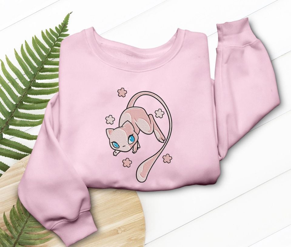 Mew Embroidered T-Shirt, Psychic Cat Anime Tee, Video Game Fan Gift, PKM Collector