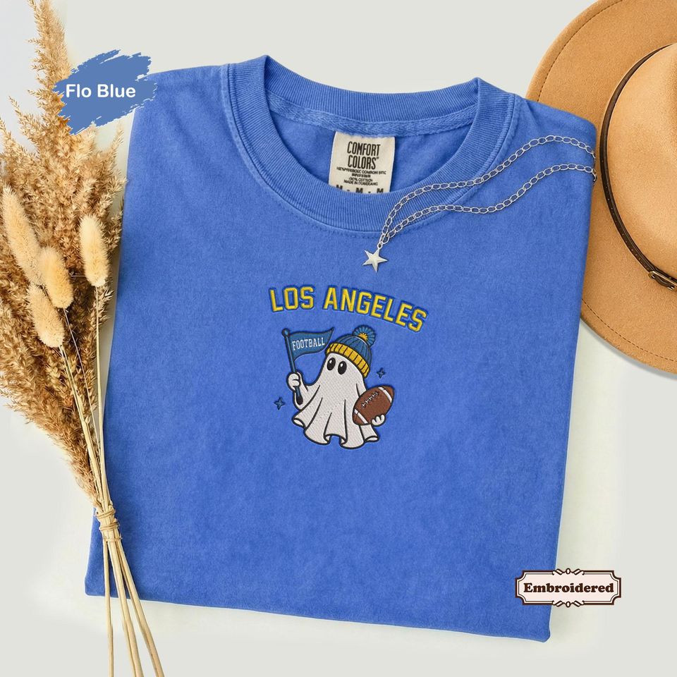 Embroidered Comfort Colors  Los Angeles R Football Ghost Shirt, Cute Game Day Tee, Football Fan Gift for Mom Dad