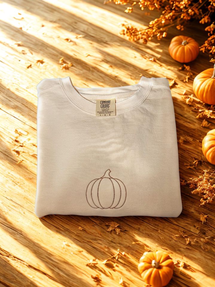 Pumpkin Comfort Colors Embroidered Tee - Pumpkin Outline T-Shirt - Simple Fall Pumpkin Crewneck T-Shirt - Minimal Fall Long Sleeve T-Shirt