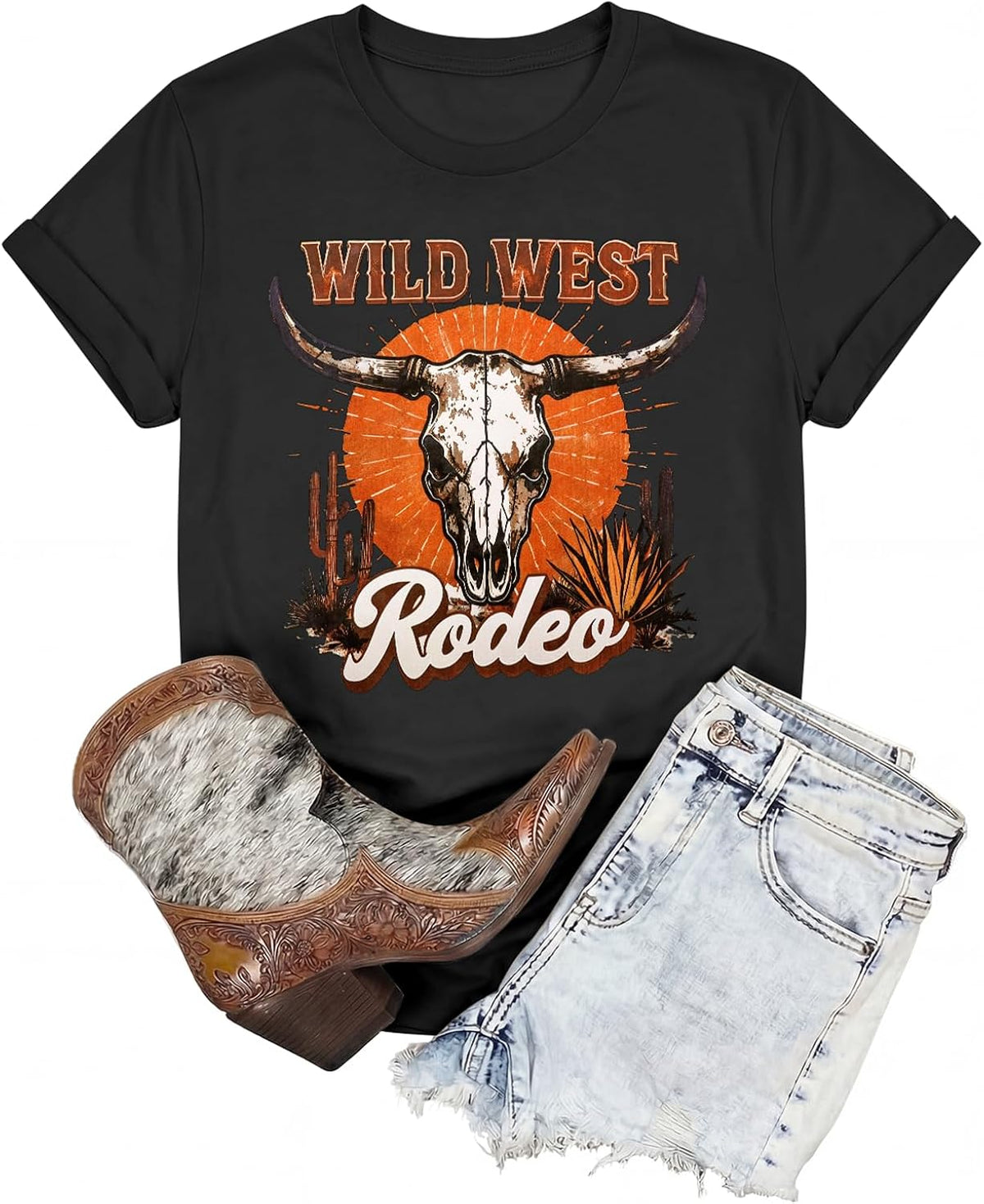 Western Shirts for Women Vintage Cowgirl T Shirt Cow Skull Rodeo Cowboy Boots Graphic Tees Country Music Short Sleeve Tops