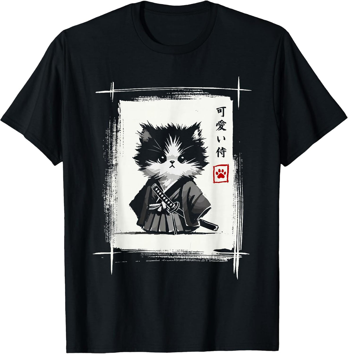 Samurai Cat Japanese Art Sumi-e Novelty Kawaii Funny Cat T-Shirt