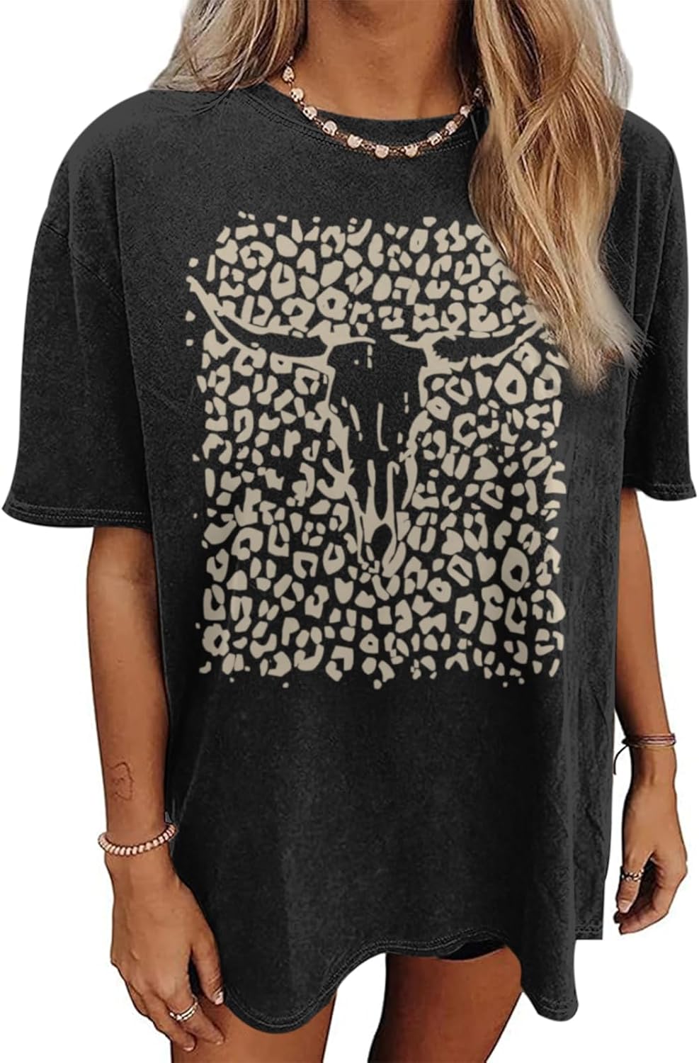 Western Cow Skull Shirts for Women Boho Cowgirl Shirt Vintage Acid Wash Tshirt Oversize Rodeo Graphic Tee Country Top