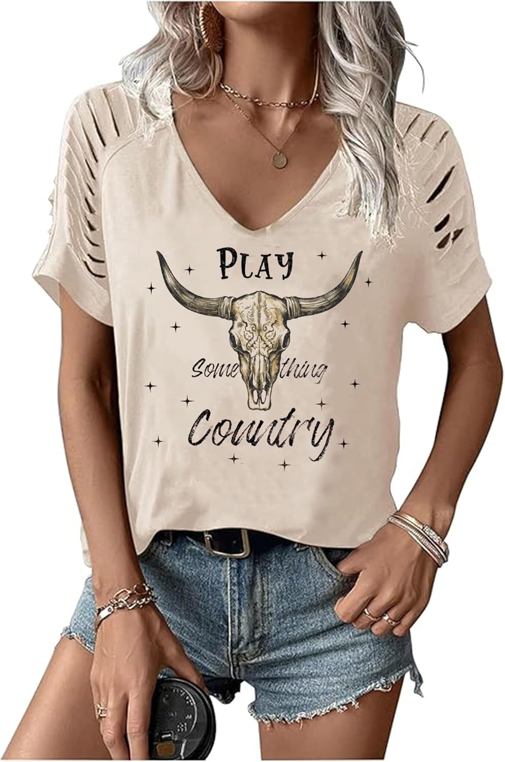 Women's Cut Out V Neck T-Shirts Boho Floral Graphic Tee Summer Cold Shoulder Short Sleeved Tops