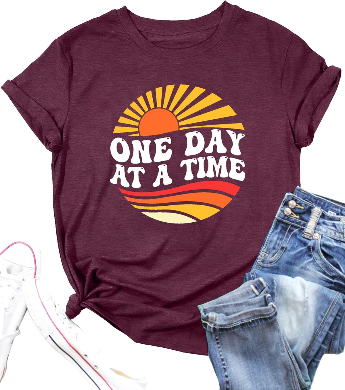 One Day at A Time T-Shirt Motivational Shirts Women Sunrise Graphic T Shirt Casual Short Sleeve Top Tees