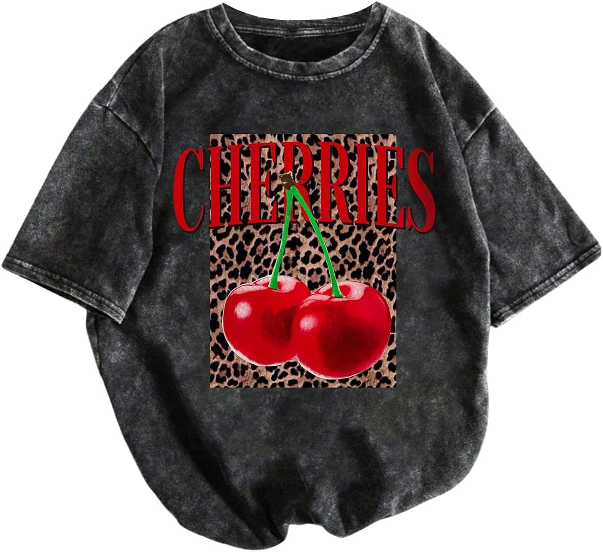 Women's Washed T-Shirt Short Sleeve Leopard Cherry Graphic Tees Vintage Crew Neck Shirts