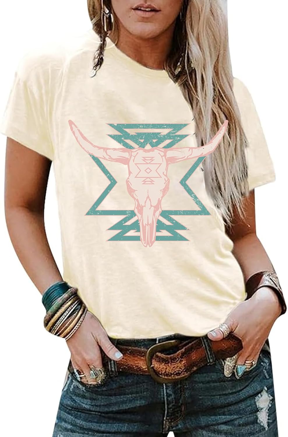 Western Shirts for Women Vintage Cow Skull Graphic Tshirts Casual Cowgirl Short Sleeve Tee Top