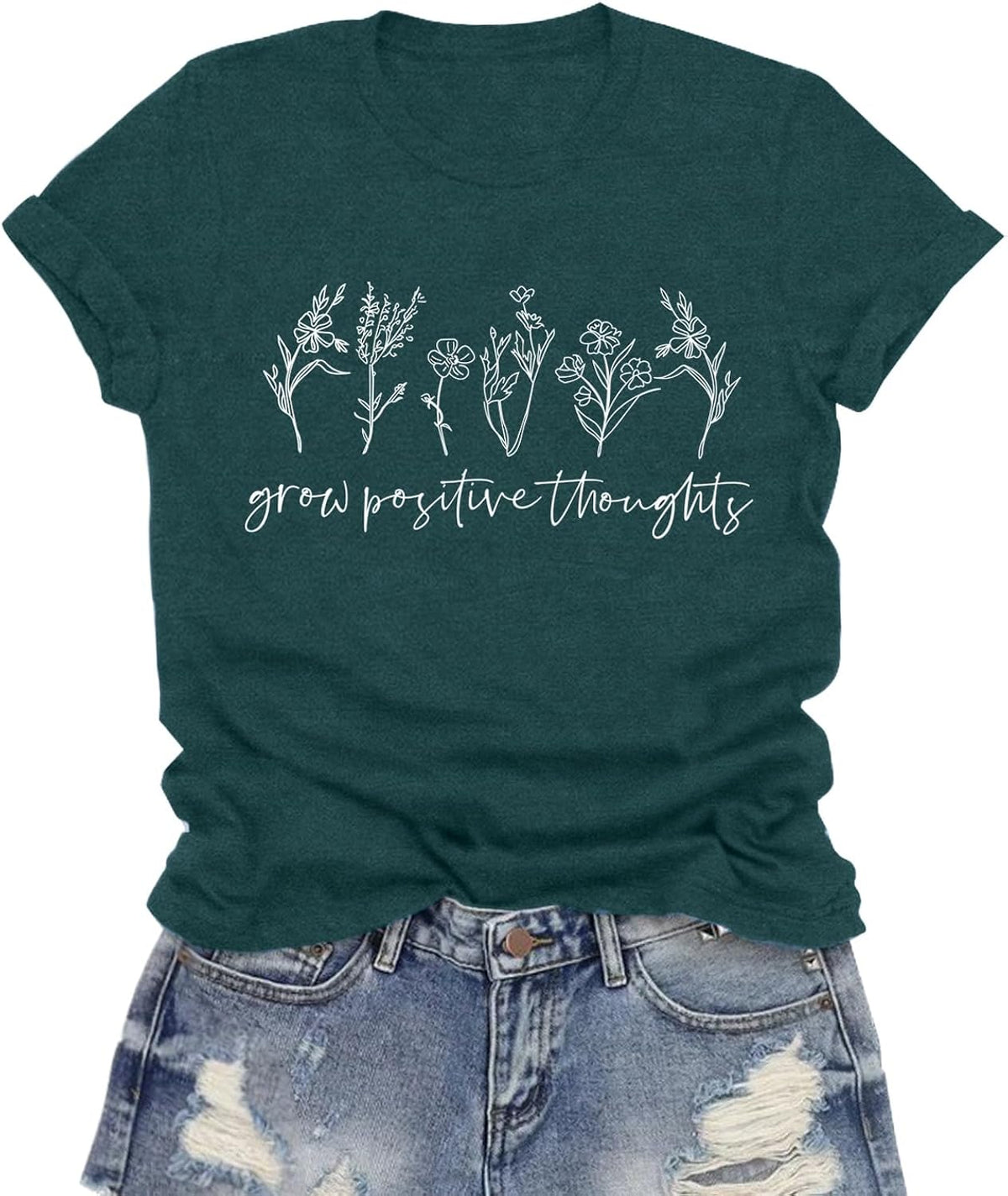 Inspirational Tshirts for Women Grow Positive Thoughts Shirt Cute Floral Tee Motivational Tops