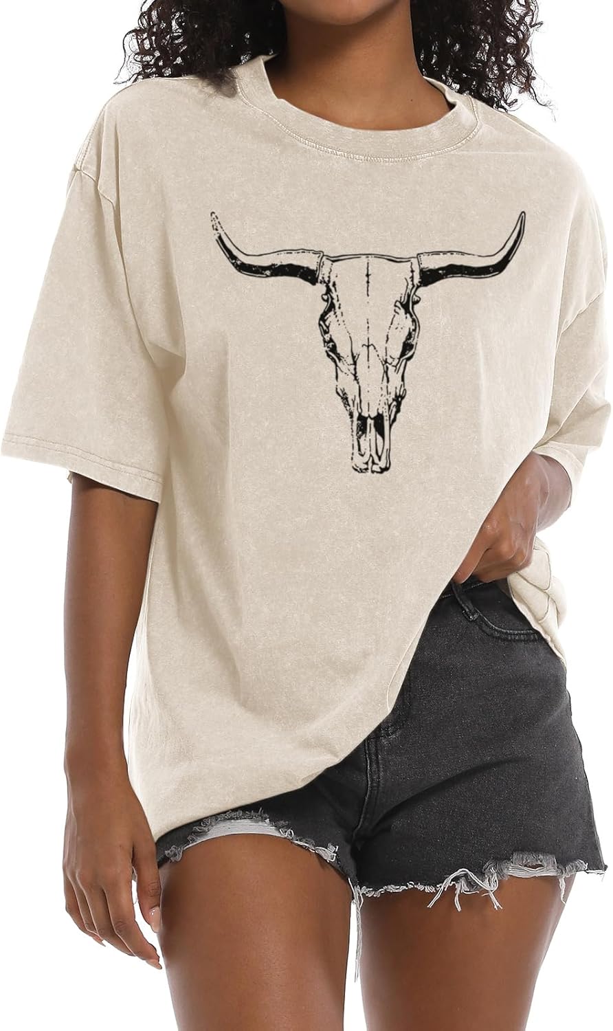 Western Cow Skull Shirts for Women Oversized Cowgirl Country Concert Vintage Graphic Tees Cowboy Rodeo T Shirt Tops