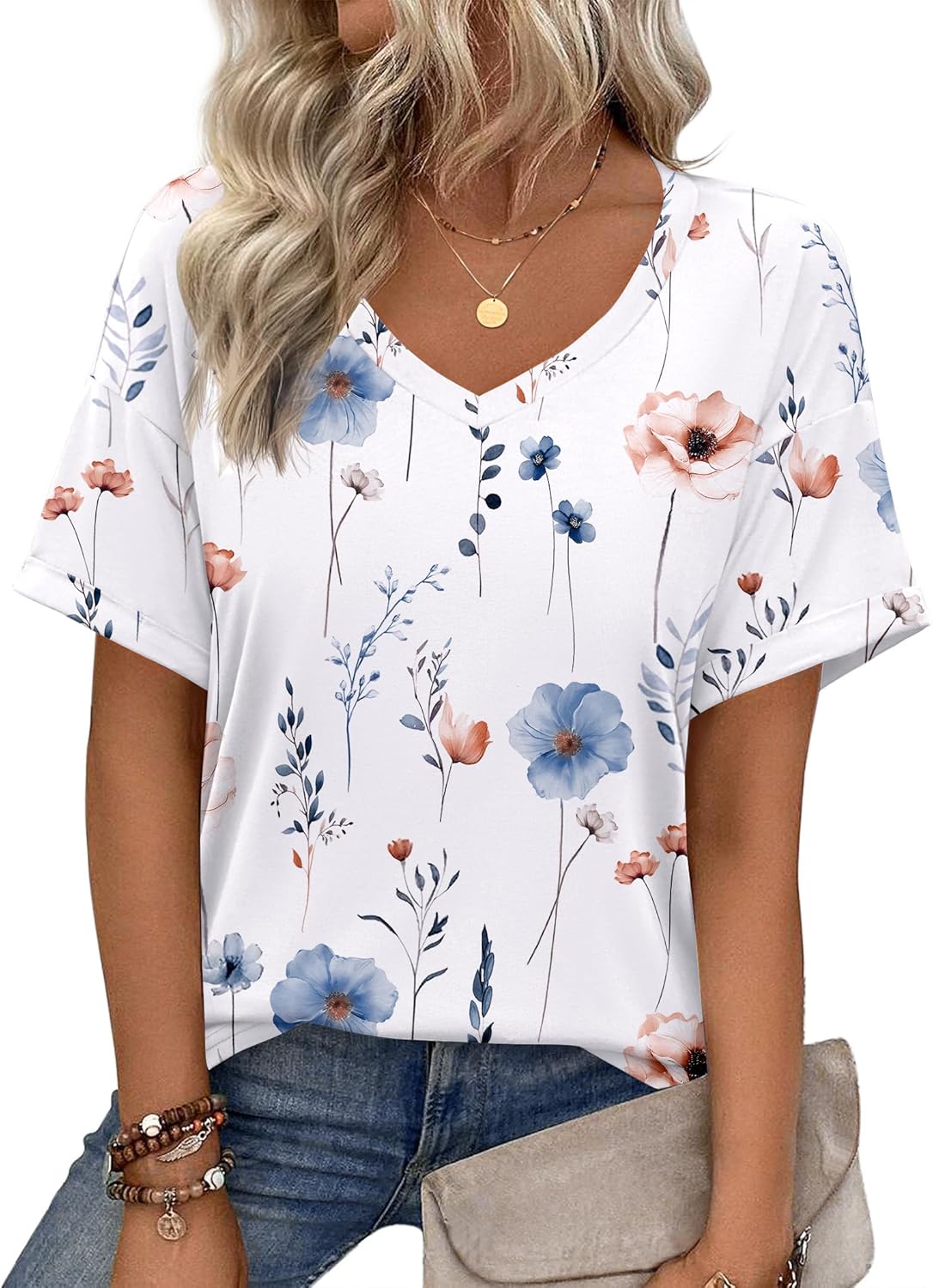 Womens Summer Tops Short Sleeve Casual Shirts Floral Tee Trendy 2026 Basics V Neck Plain Tshirt