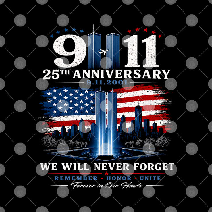 9-11 We Will Never Forget 25th Anniversary Twin Towers T Shirt