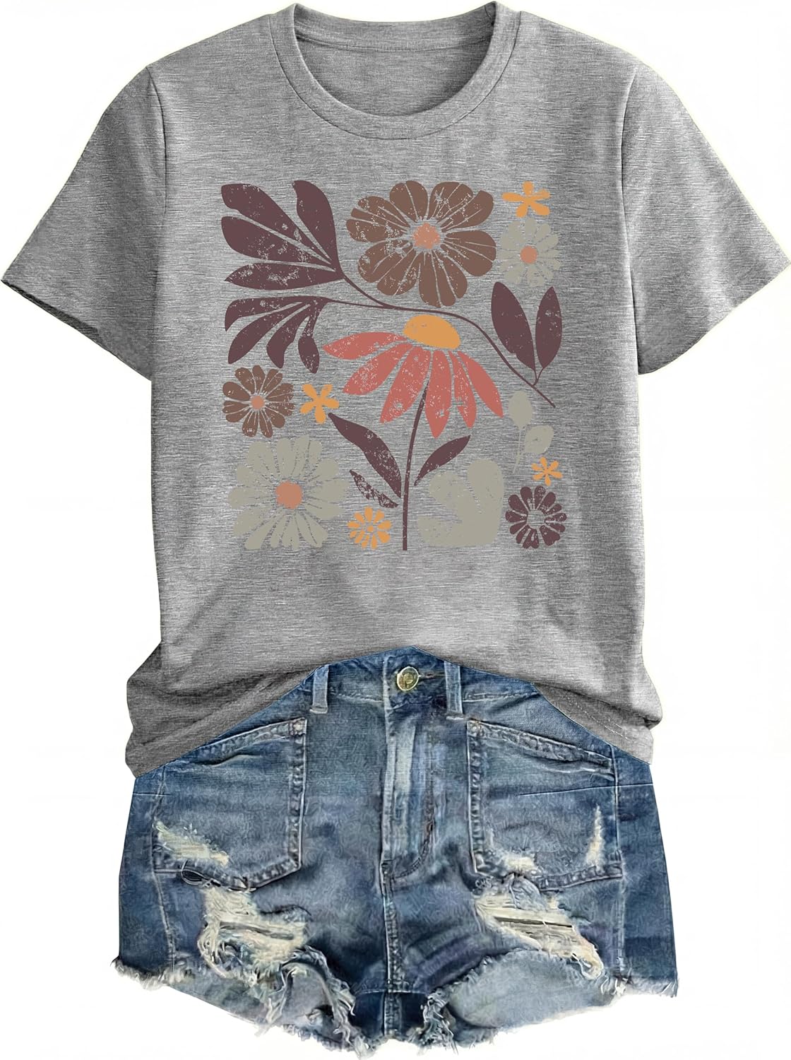 Graphic Tees for Women Casual Short Sleeve Round Neck Vintage Boho Style Floral T Shirts Wildflowers Cottagecore Tshirt Tops