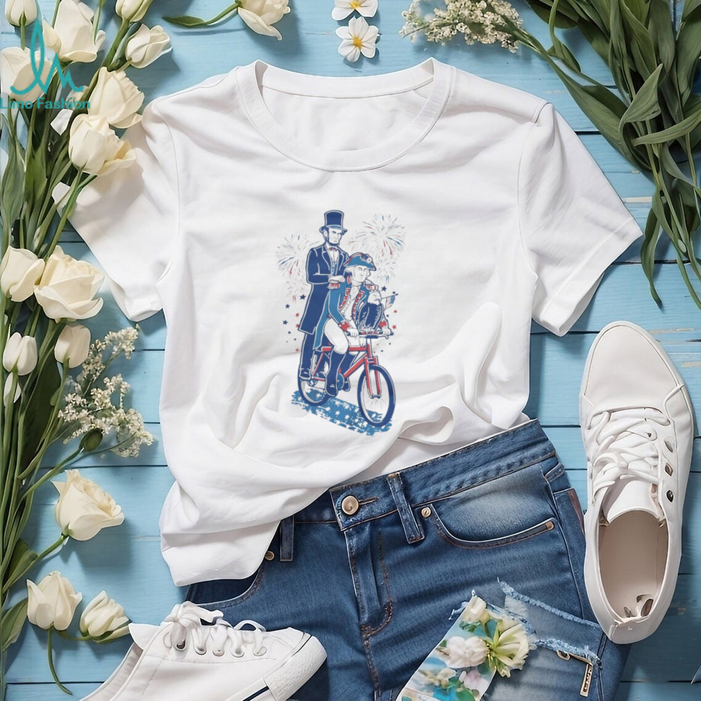 Abe Lincoln and George Washington Riding Tandem Bike Patriotic T Shirt