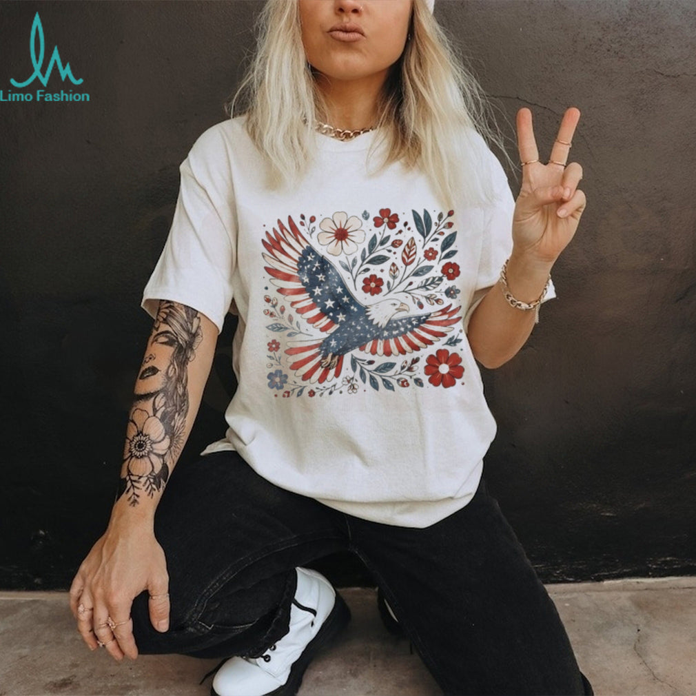 American Flag Eagle Folk Art Floral Wildflowers Patriotic T Shirt