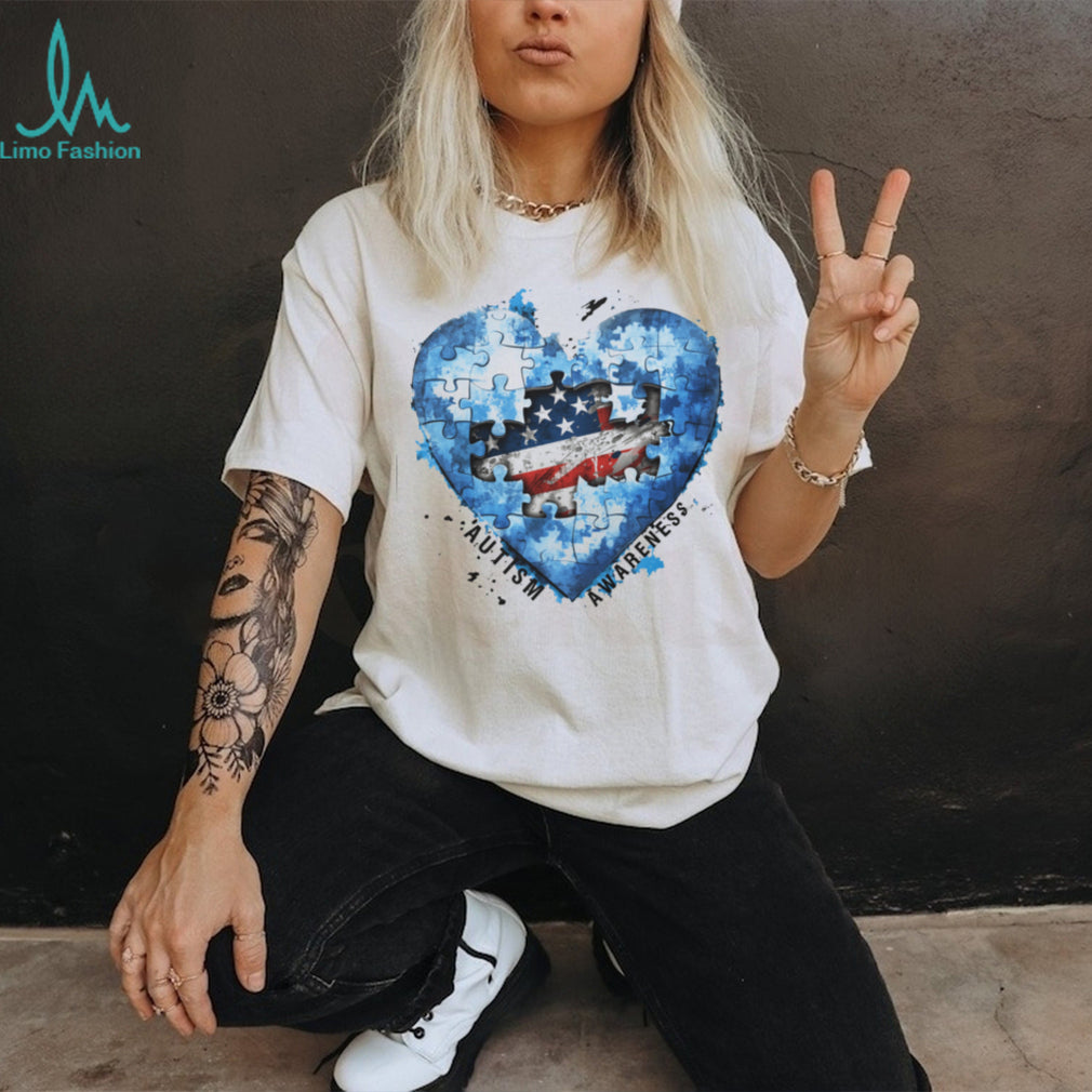 American Flag Heart Puzzle Piece Autism Awareness White T Shirt