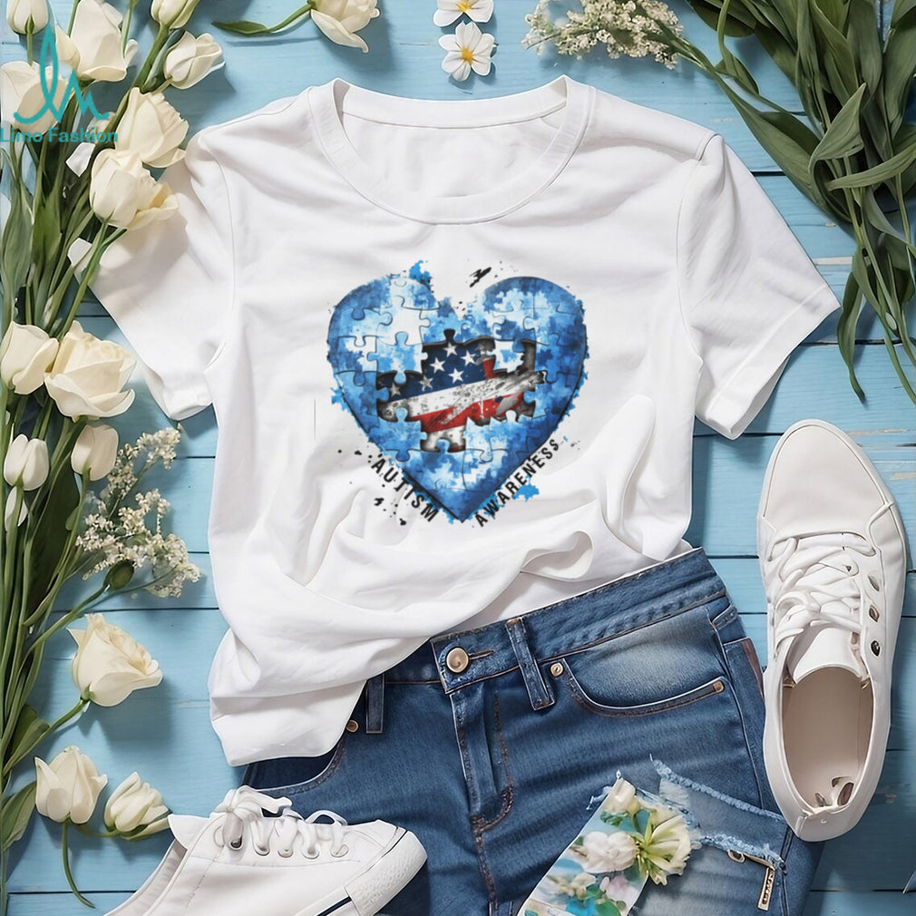 American Flag Heart Puzzle Piece Autism Awareness White T Shirt