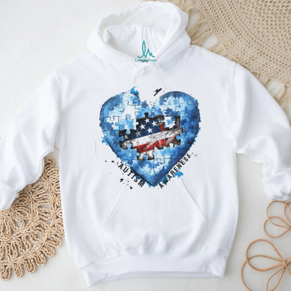 American Flag Heart Puzzle Piece Autism Awareness White T Shirt