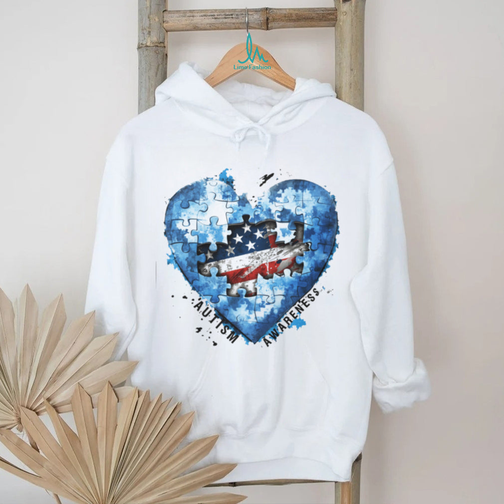 American Flag Heart Puzzle Piece Autism Awareness White T Shirt