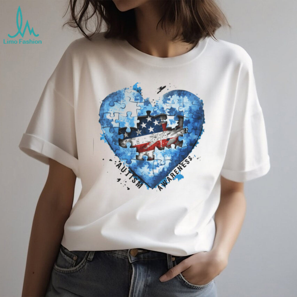 American Flag Heart Puzzle Piece Autism Awareness White T Shirt