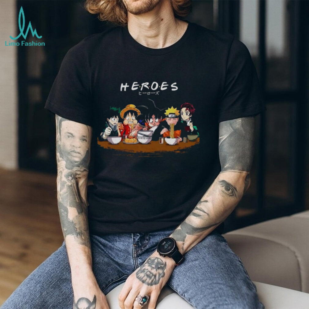 Anime Heroes Ramen Eating Mashup Characters Graphic Shirt