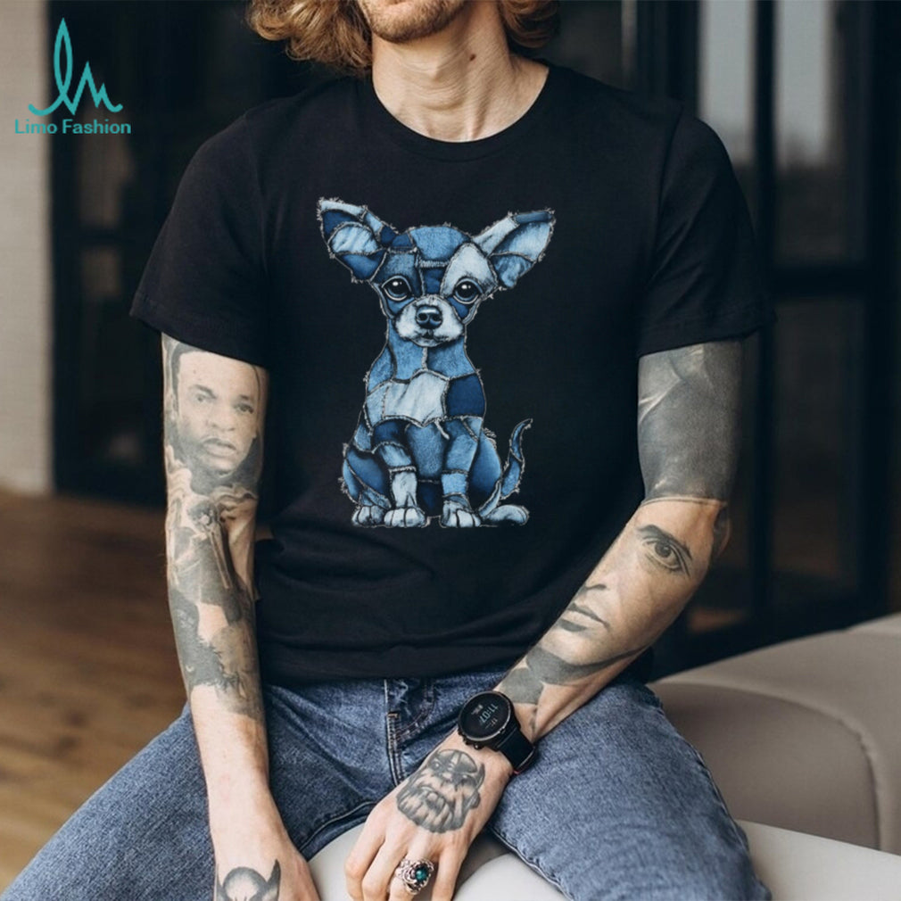 Artistic Blue Denim Patchwork Style Chihuahua Graphic T Shirt