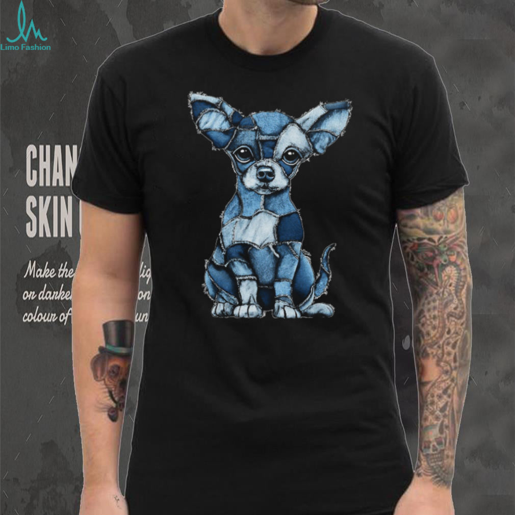 Artistic Blue Denim Patchwork Style Chihuahua Graphic T Shirt