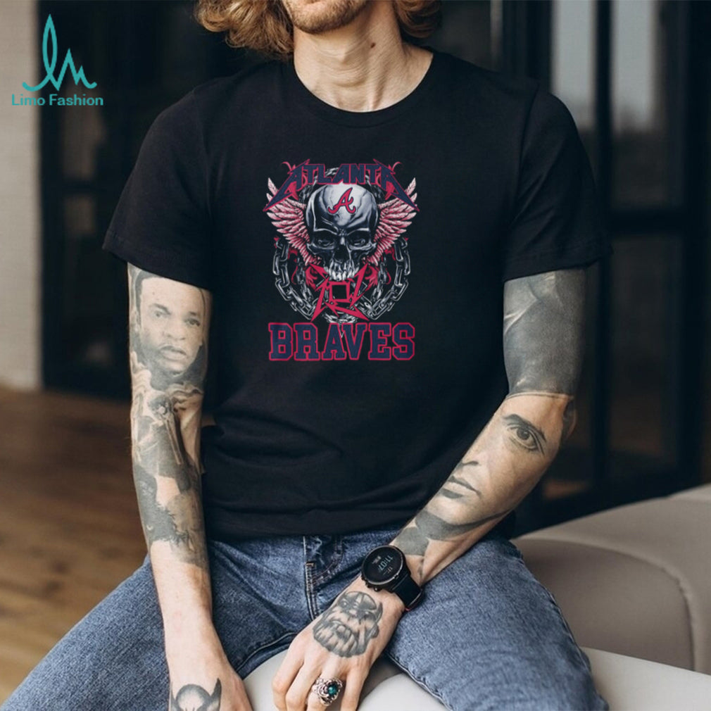 Atlanta Braves Red Letter Logo Skull Pink Wings And Heavy Metal Chains T Shirt