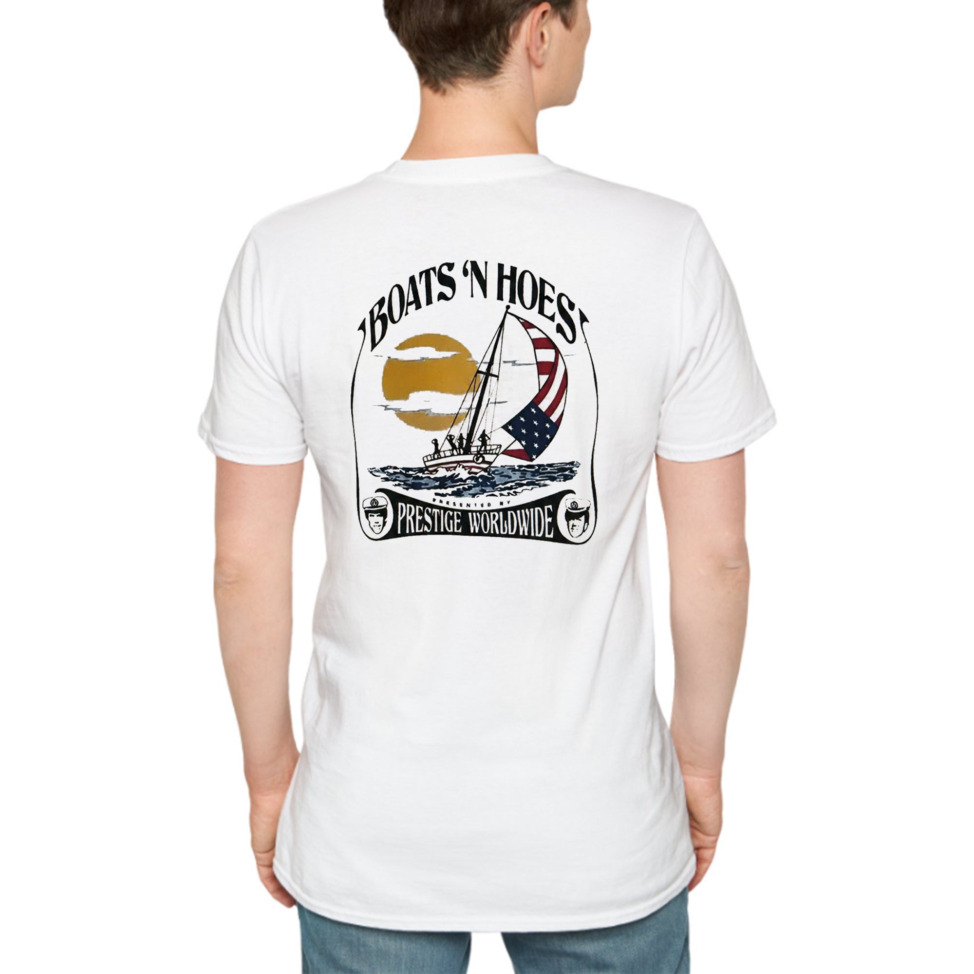 [Front+Back] Boats N Hoes Presented By Prestige Worldwide Flag Usa Shirt