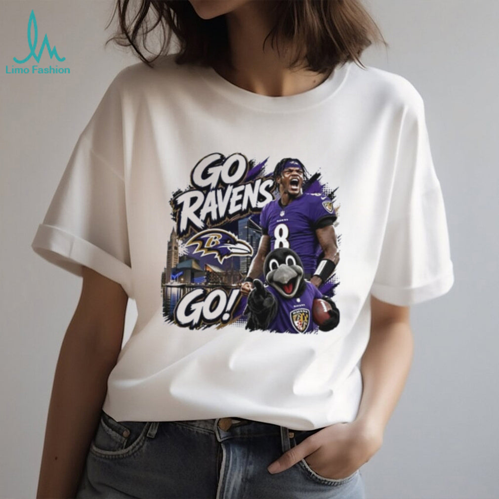 Baltimore Ravens go Ravens go Lamar Jackson and mascot Poe shirt