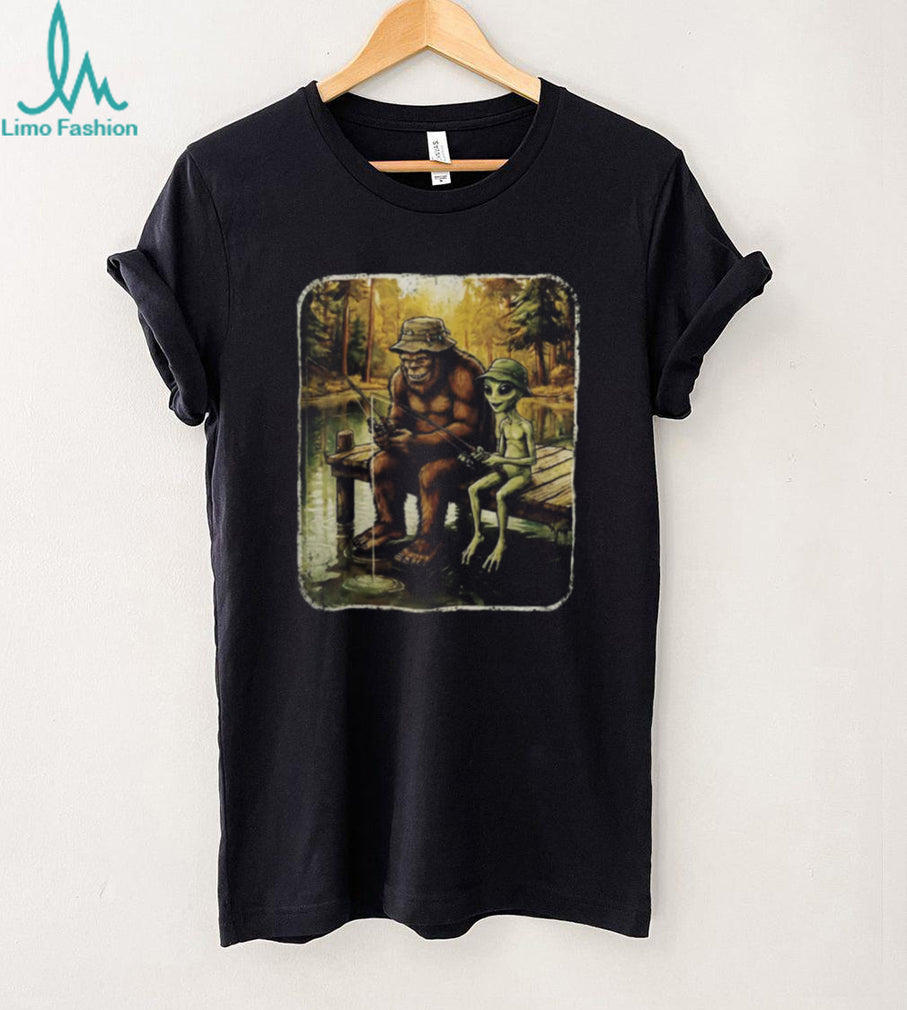 Bigfoot and Alien Friends Fishing at the Lake Vintage T Shirt