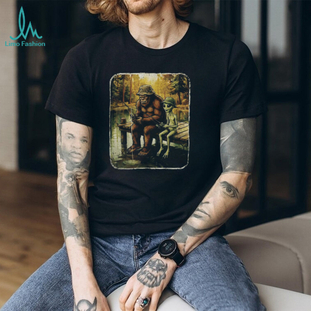 Bigfoot and Alien Friends Fishing at the Lake Vintage T Shirt