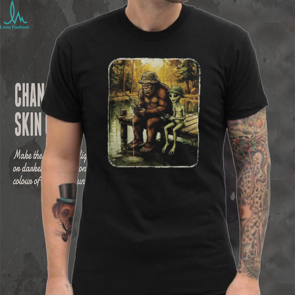 Bigfoot and Alien Friends Fishing at the Lake Vintage T Shirt