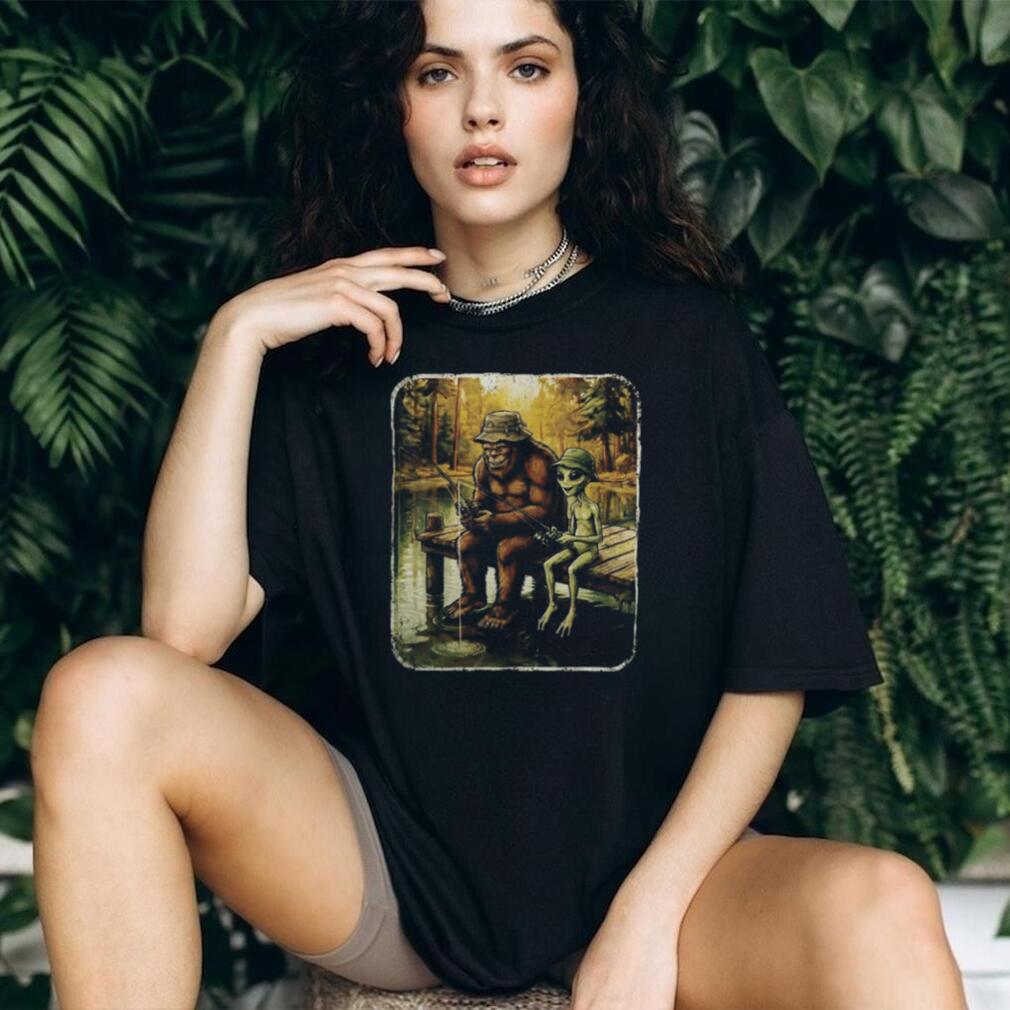 Bigfoot and Alien Friends Fishing at the Lake Vintage T Shirt