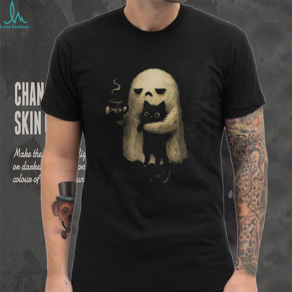 Black Cat Ghost Meh Coffee Halloween Cute Animal Shirt