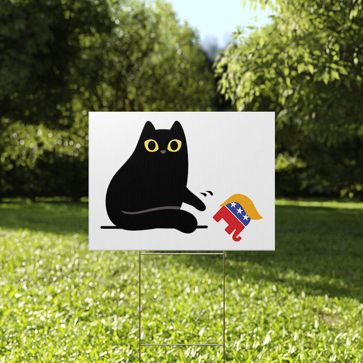 Black Cat Knocking Over MAGA GOP Elephant Yard Sign