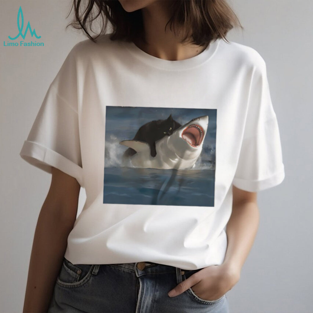 Black Cat Riding Great White Shark Funny Graphic T Shirt