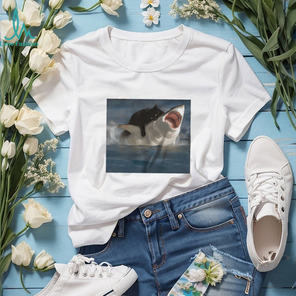 Black Cat Riding Great White Shark Funny Graphic T Shirt