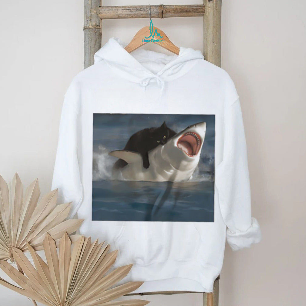 Black Cat Riding Great White Shark Funny Graphic T Shirt