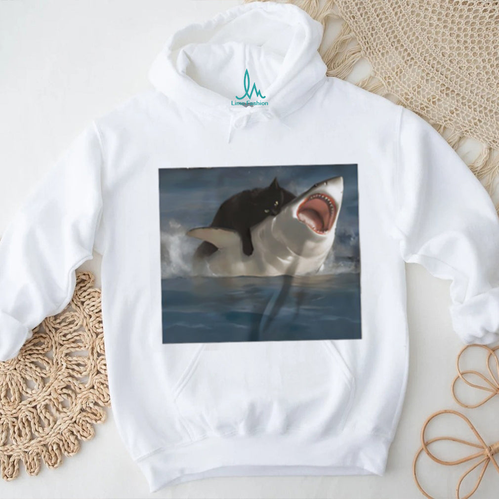 Black Cat Riding Great White Shark Funny Graphic T Shirt