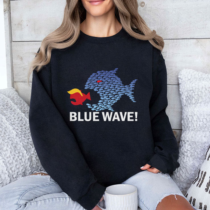 Blue Wave 2024 Funny Big Fish Eat Little Fish Trump Hair T Shirt