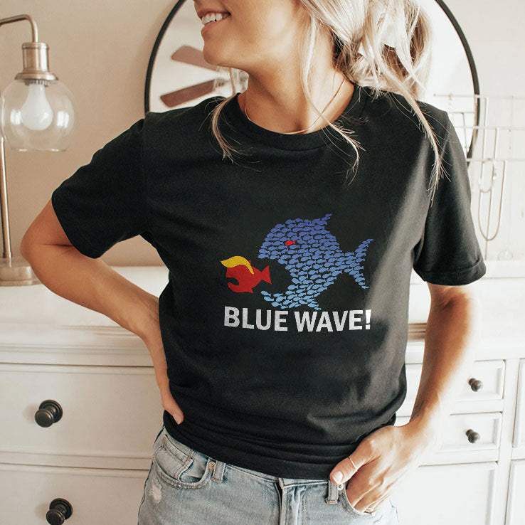 Blue Wave 2024 Funny Big Fish Eat Little Fish Trump Hair T Shirt