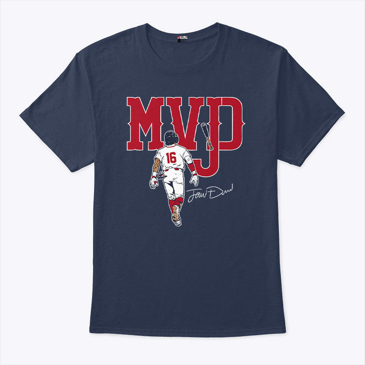Boston Basebal 16 Jarren Duran Behind Signature MVJD Shirt