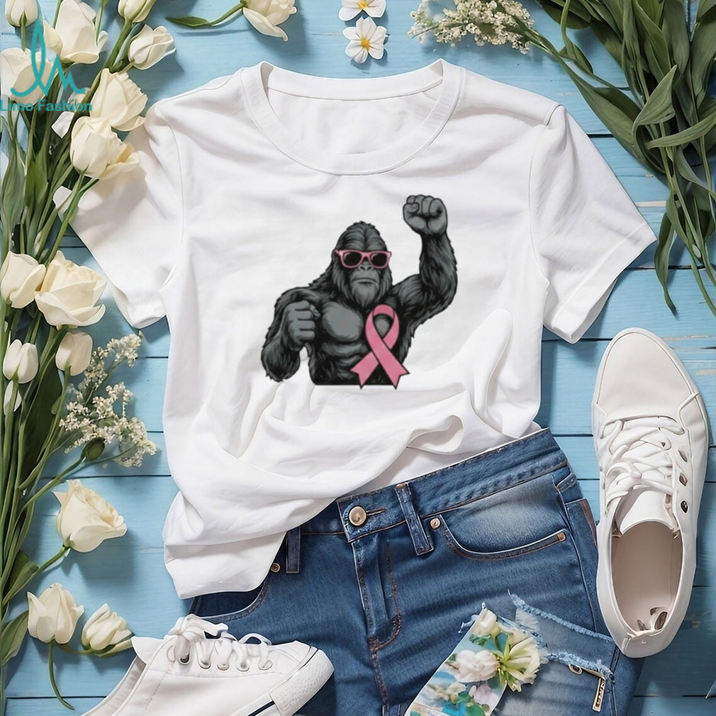Breast Cancer Awareness Pink Ribbon Gorilla Sunglasses Strong Support Men Women Vintage Retro T Shirt