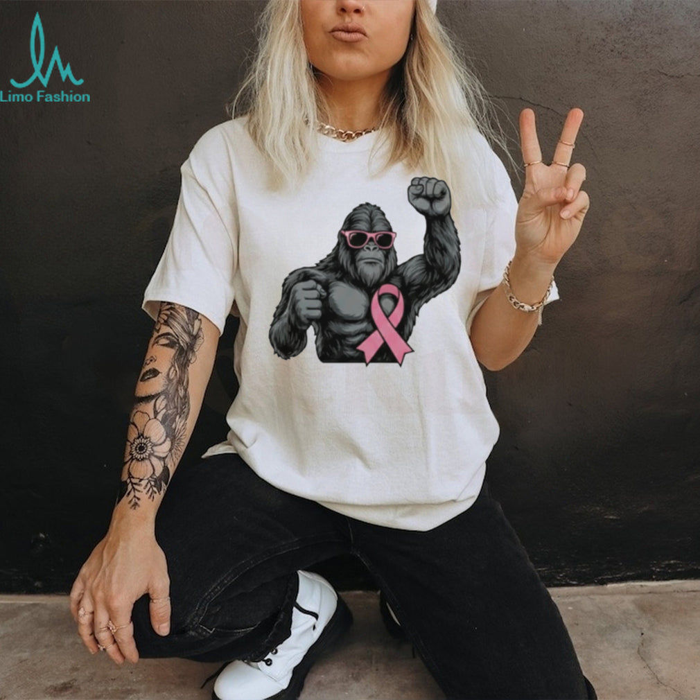 Breast Cancer Awareness Pink Ribbon Gorilla Sunglasses Strong Support Men Women Vintage Retro T Shirt