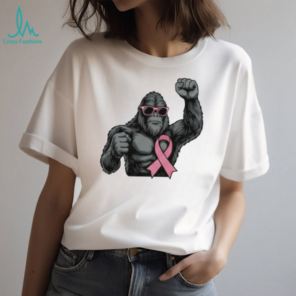 Breast Cancer Awareness Pink Ribbon Gorilla Sunglasses Strong Support Men Women Vintage Retro T Shirt