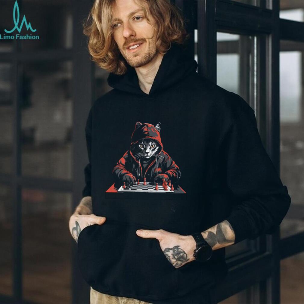 Cat Wearing Hoodie Playing Chess Strategic Board Game Tee