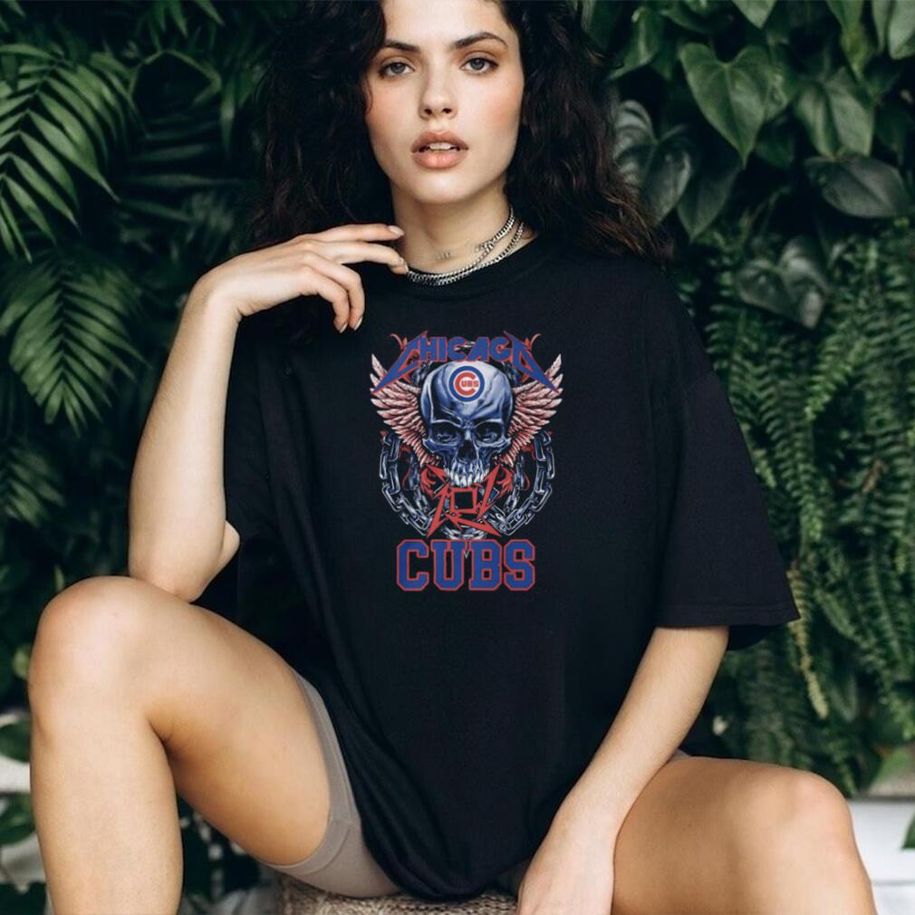 Chicago Cubs Red Blue Logo Skull Pink Wings And Heavy Metal Chains T Shirt